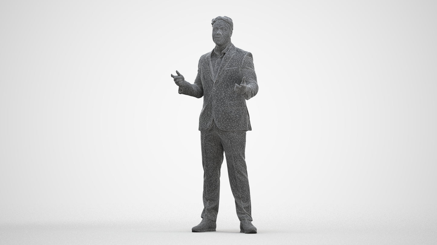 3D human model man business, photogrammetry scanned person for archviz, three-quarter front view render