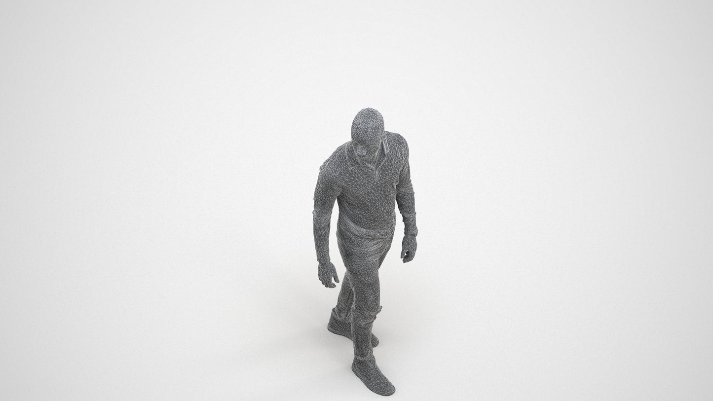 photogrammetry 3D man casual walking, realistic human model archviz FBX, wireframe three-quarter view