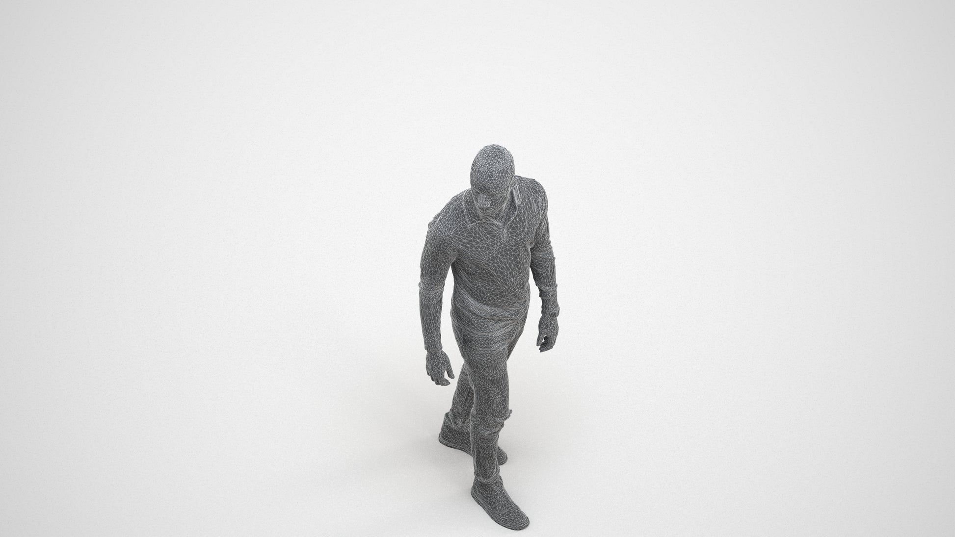 photogrammetry 3D man casual walking, realistic human model archviz FBX, wireframe three-quarter view