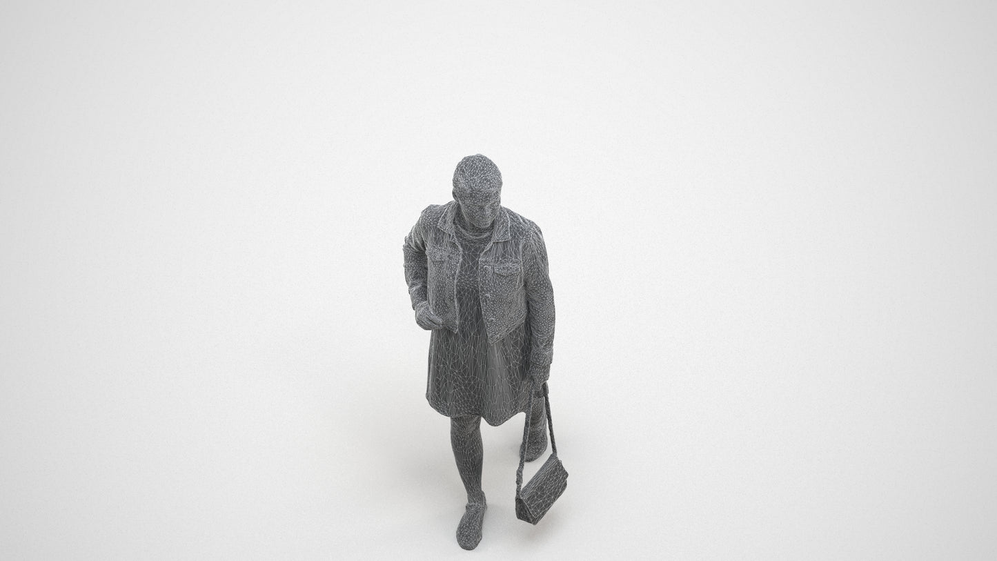 3D human model woman casual walking, photogrammetry scanned person for archviz, wireframe three-quarter view