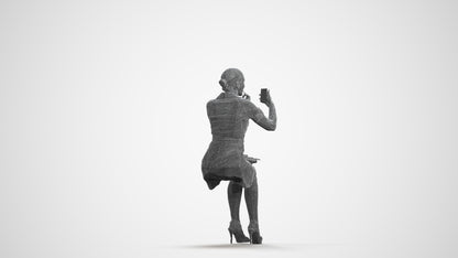 3D human model woman casual sitting, photogrammetry scanned person for archviz, wireframe front view