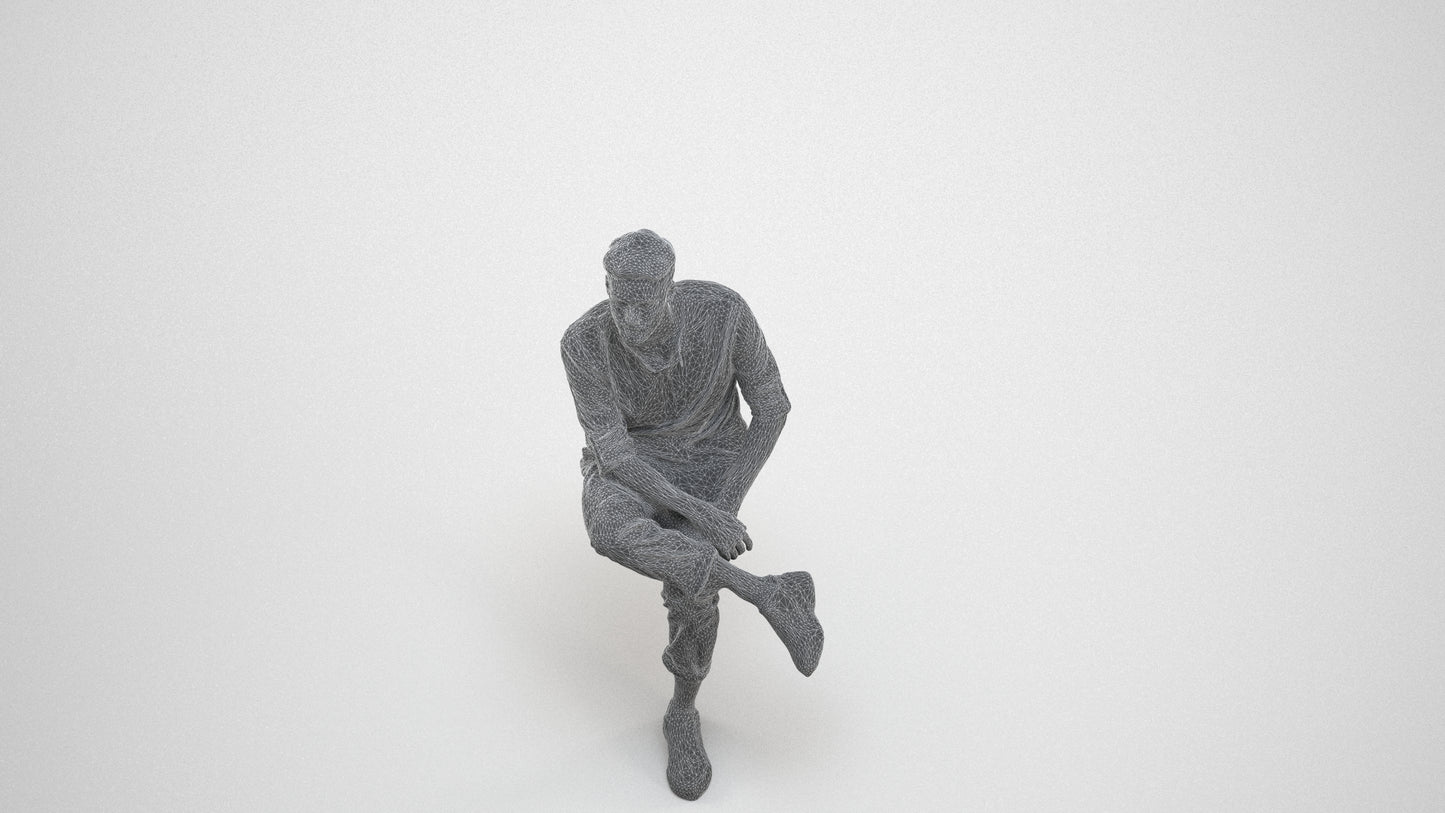 3D people model man casual sitting, scanned human for 3ds Max rendering, wireframe three-quarter view