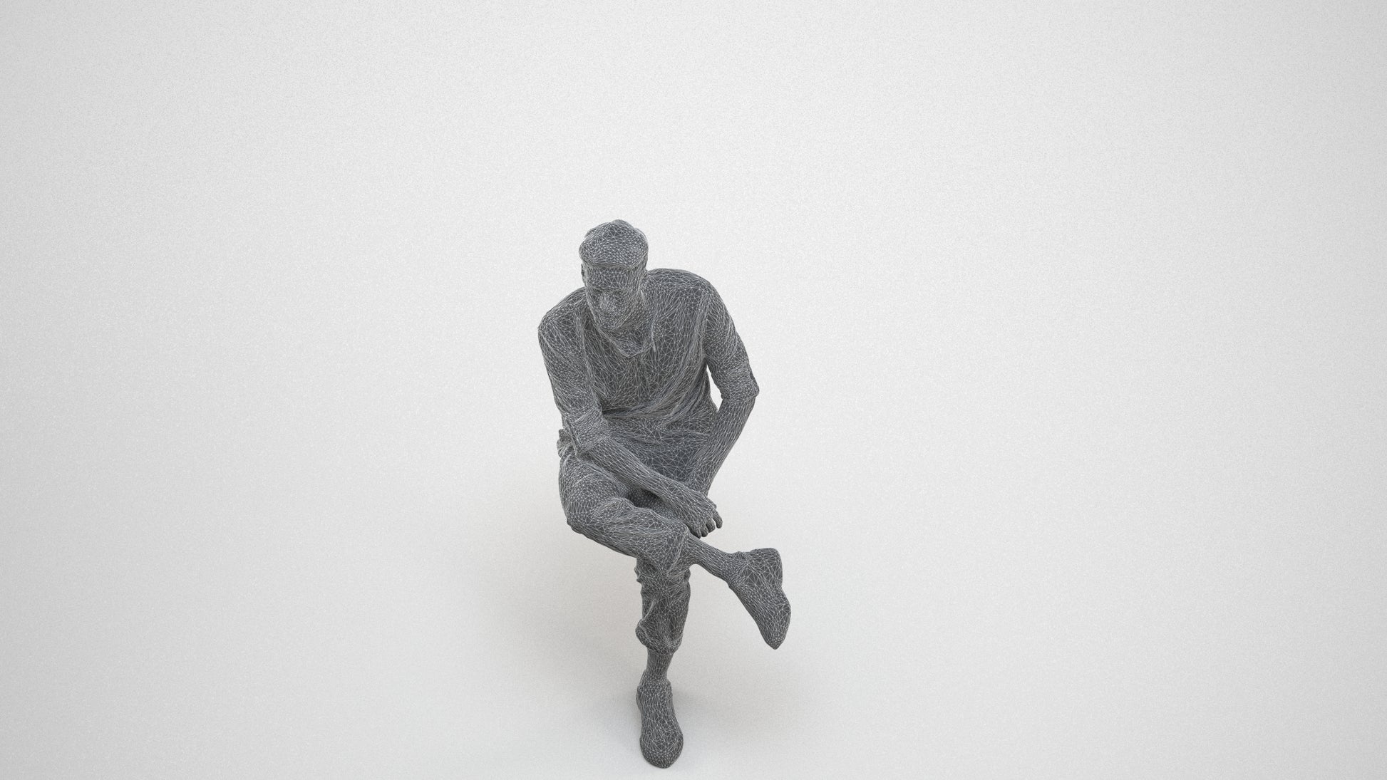 3D people model man casual sitting, scanned human for 3ds Max rendering, wireframe three-quarter view