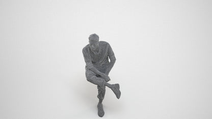3D people model man casual sitting, scanned human for 3ds Max rendering, wireframe three-quarter view