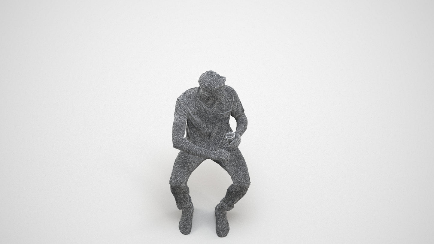 3D people model man casual sitting, scanned human for 3ds Max rendering, wireframe three-quarter view