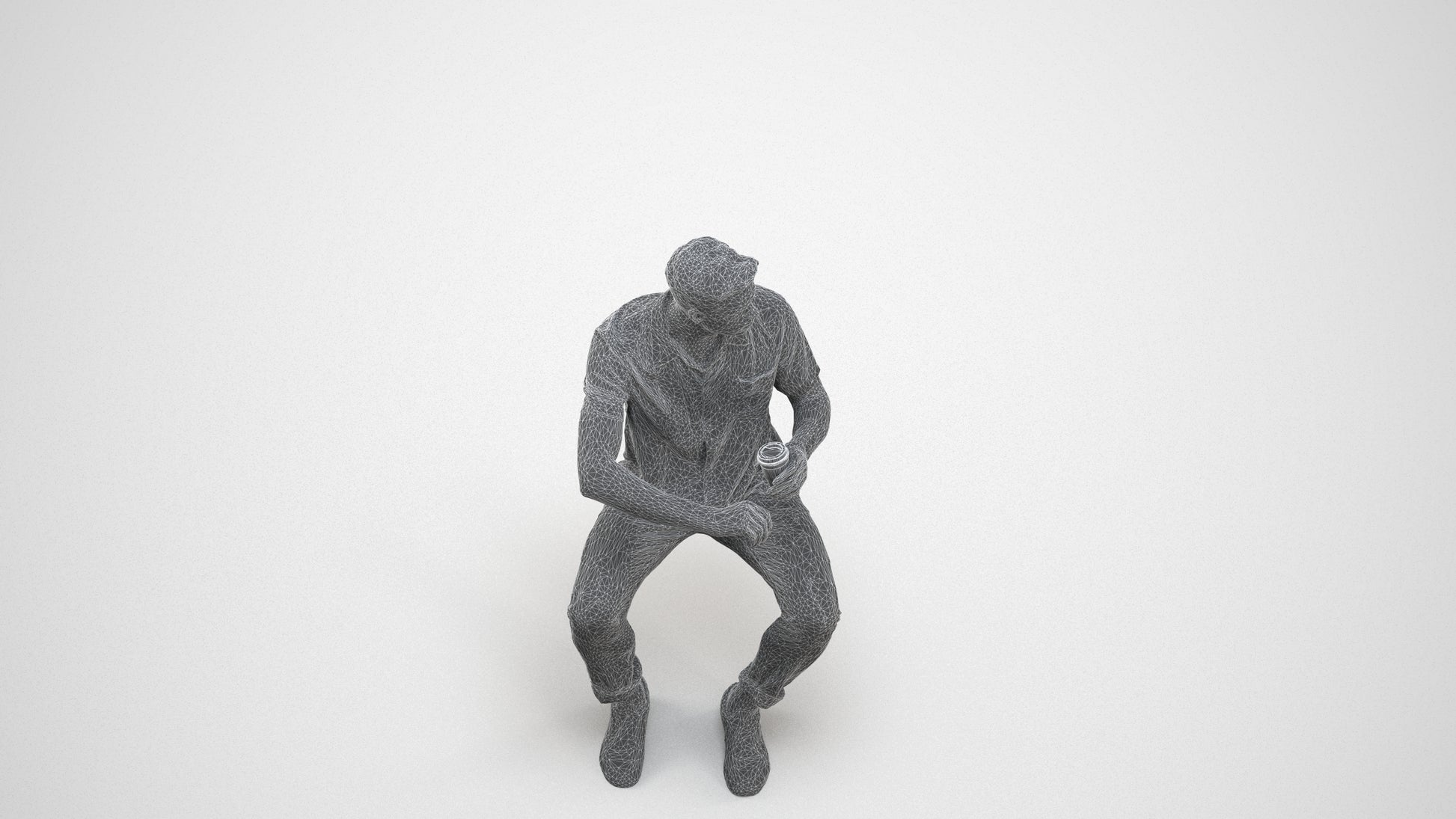 3D people model man casual sitting, scanned human for 3ds Max rendering, wireframe three-quarter view
