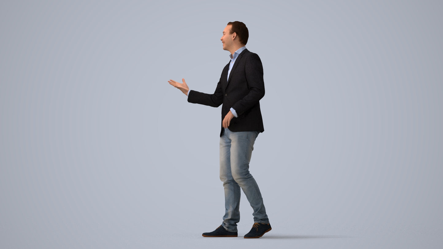 realistic 3D human man business, archviz people FBX OBJ for Blender, three-quarter view render