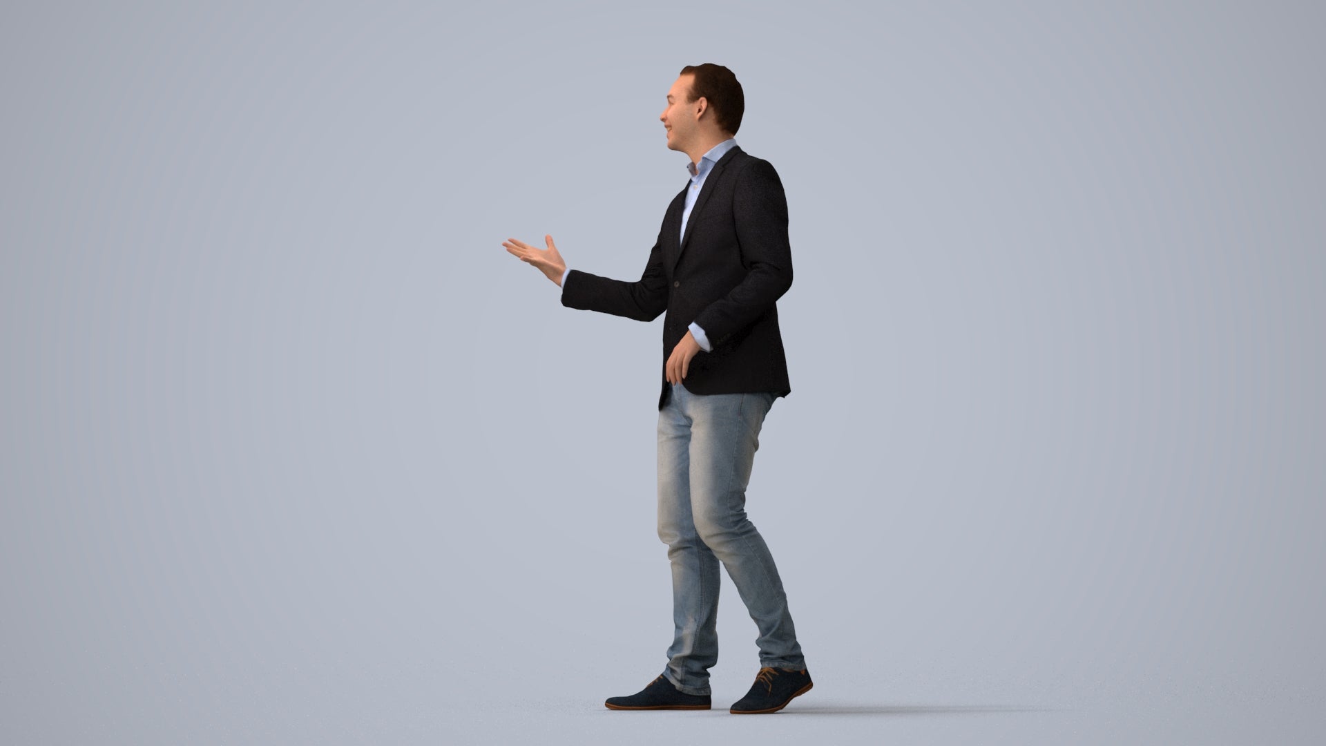 realistic 3D human man business, archviz people FBX OBJ for Blender, three-quarter view render