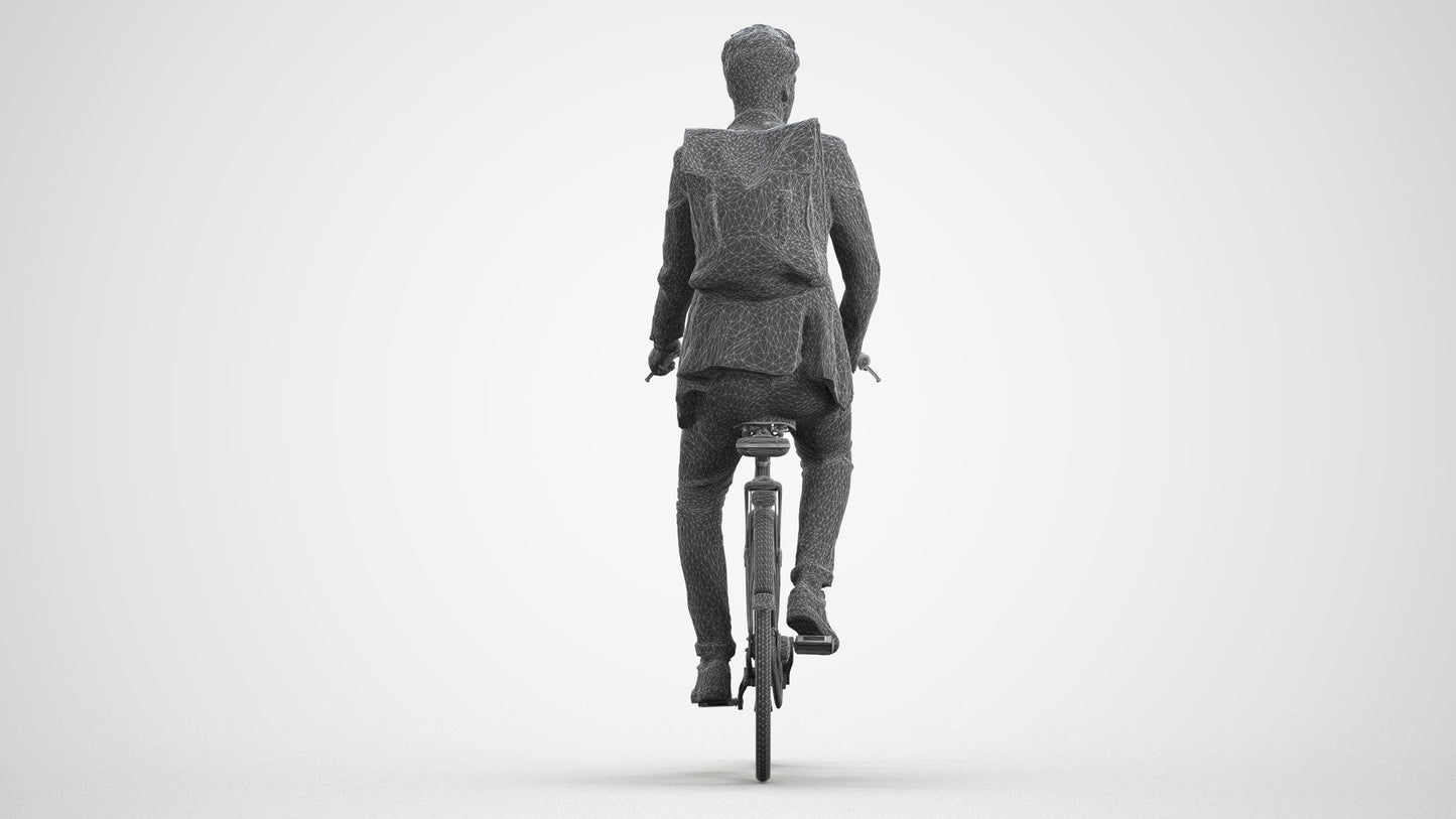 realistic 3D man casual cycling, scanned archviz people for Blender and 3ds Max, wireframe front view