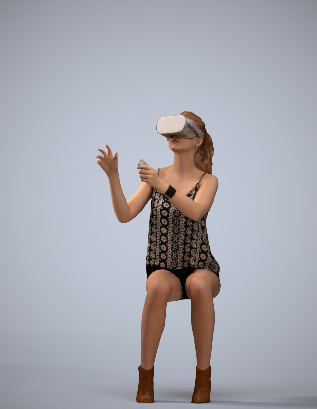 3D human model girl casual sitting, photogrammetry scanned person for archviz