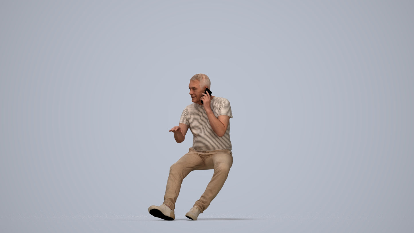 3D people model senior man casual sitting, scanned human for 3ds Max rendering, top-down view render