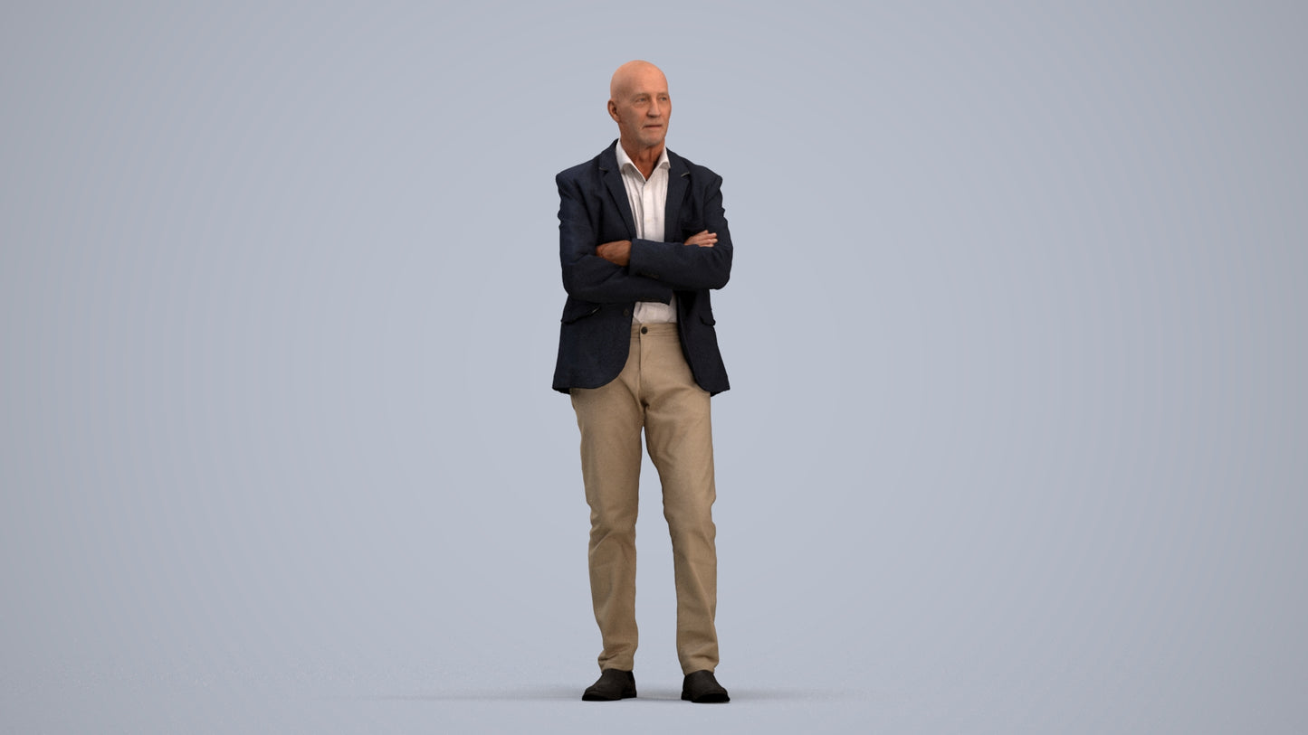 3D human model senior man business, photogrammetry scanned person for archviz, standing pose render