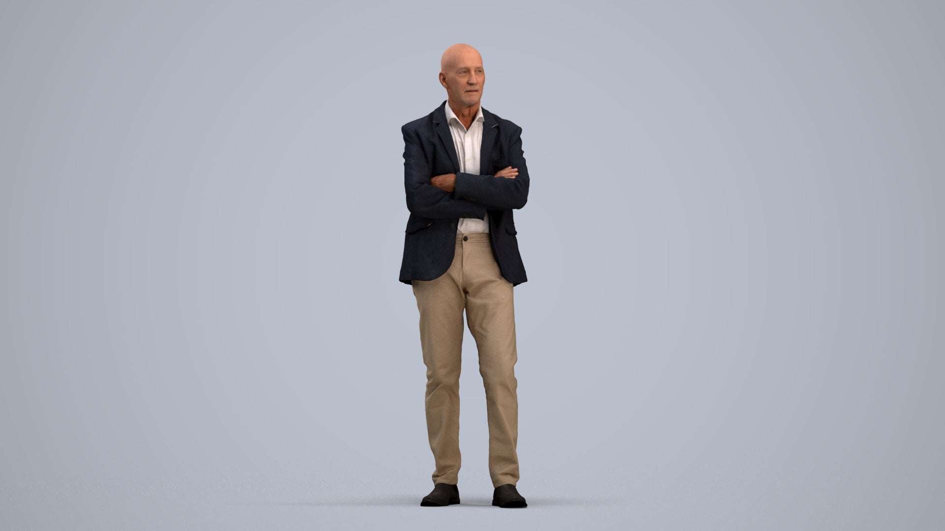 3D human model senior man business, photogrammetry scanned person for archviz, standing pose render