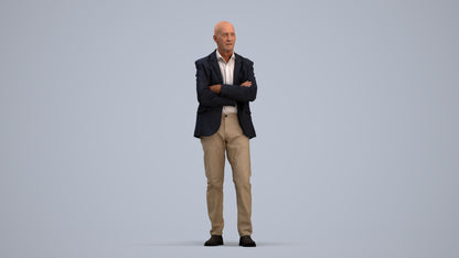 3D human model senior man business, photogrammetry scanned person for archviz, standing pose render
