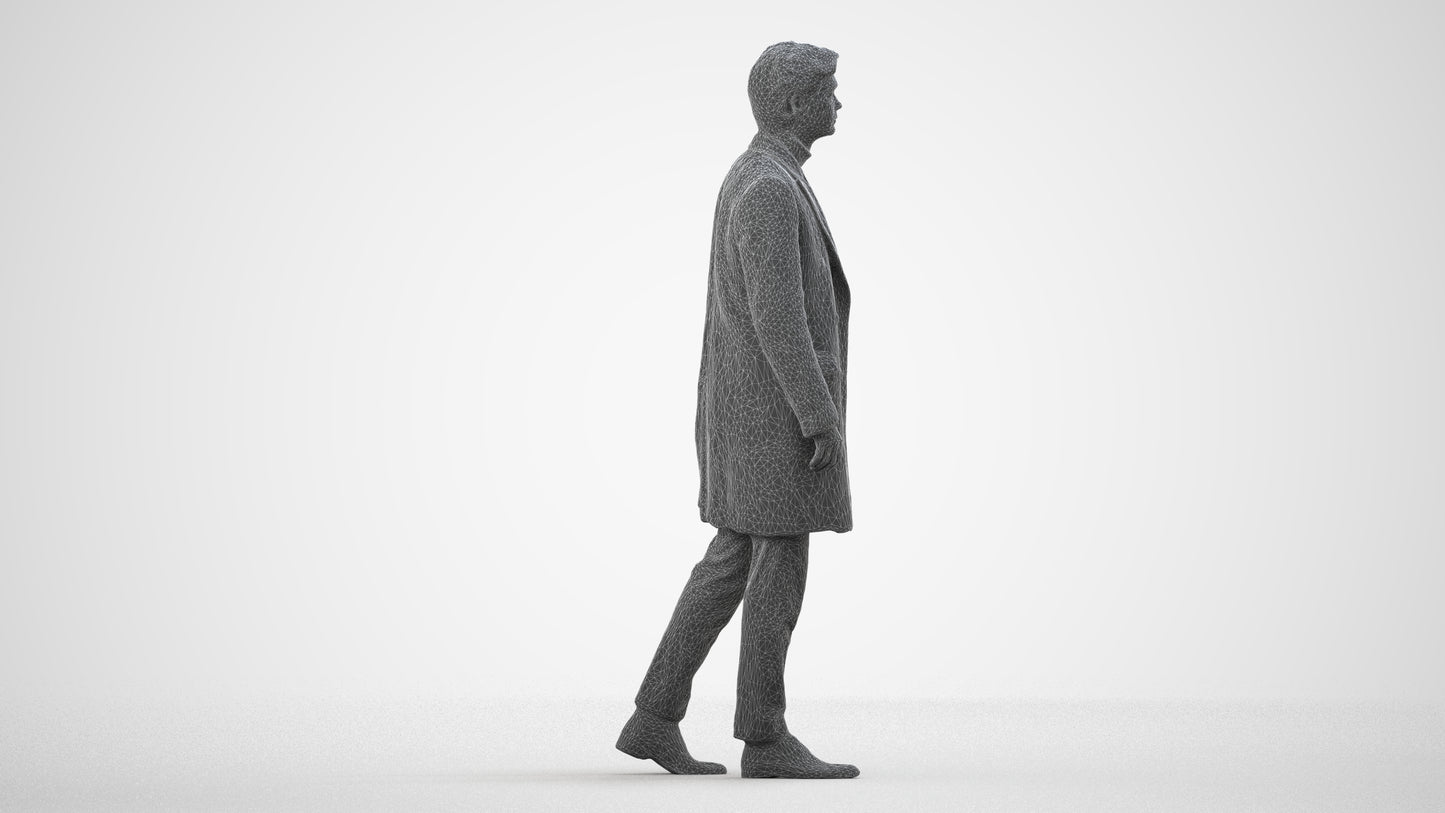 photogrammetry 3D man business walking, realistic human model archviz FBX, wireframe side view