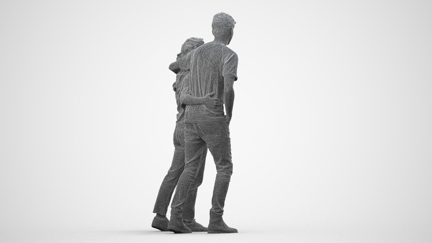 3D human model woman casual couple, photogrammetry scanned person for archviz, wireframe side view