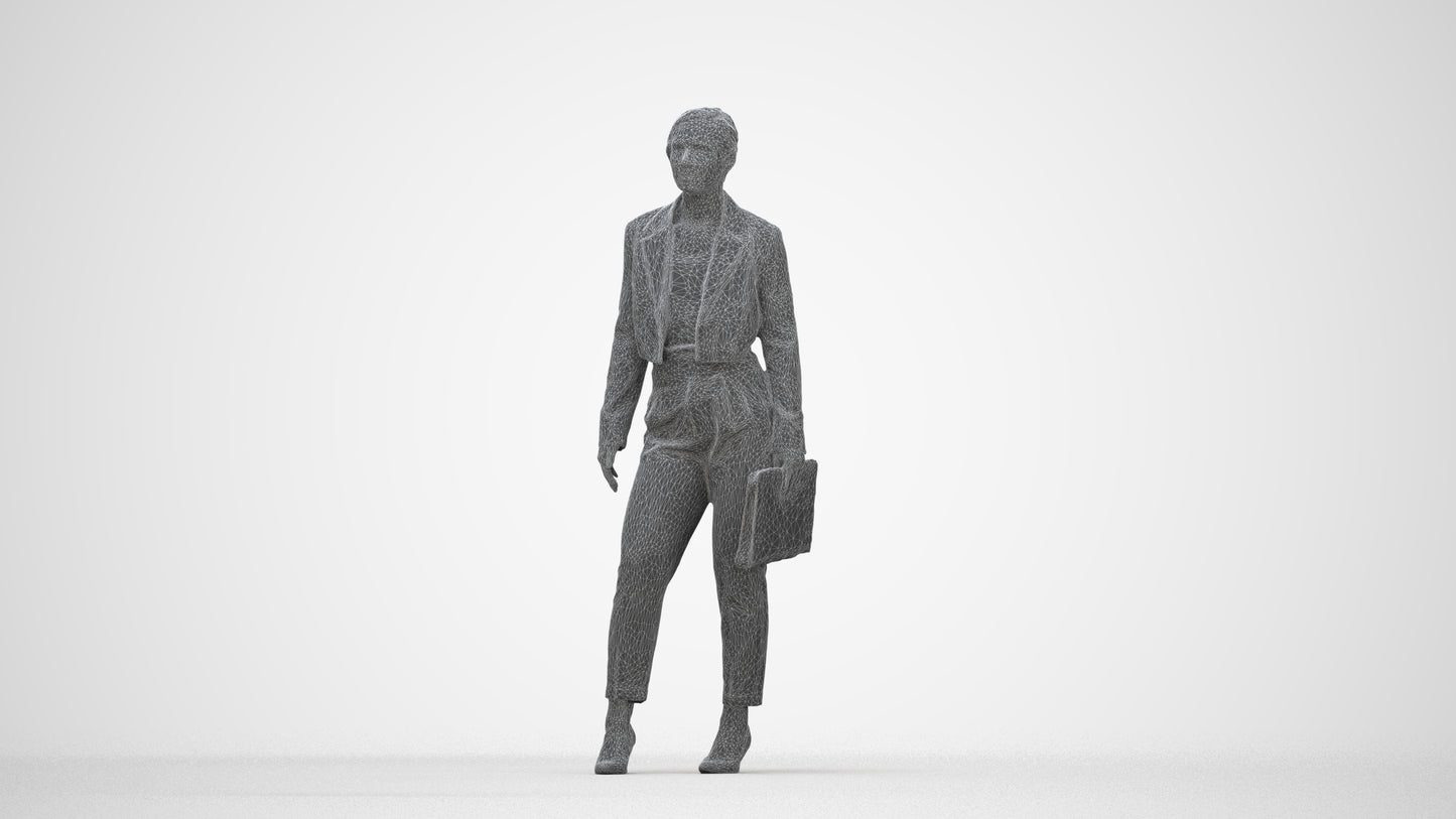 3D human model woman business, photogrammetry scanned person for archviz, wireframe back view