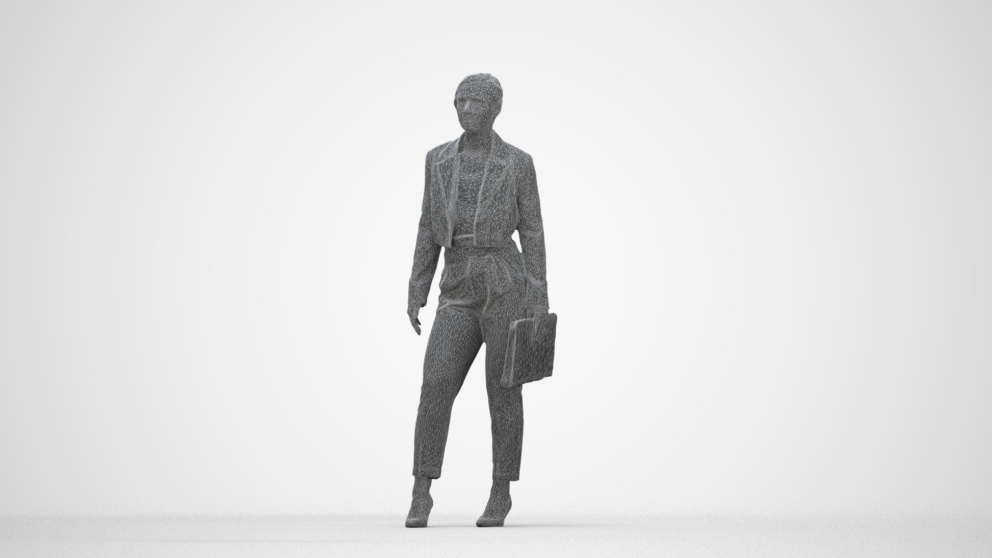 3D human model woman business, photogrammetry scanned person for archviz, wireframe back view