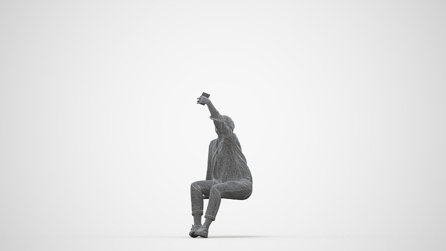 3D people model woman casual sitting, scanned human for 3ds Max rendering, wireframe back view