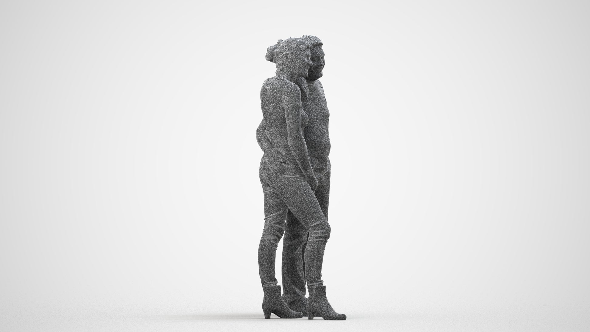 realistic 3D senior woman casual standing, scanned archviz people for Blender and 3ds Max, wireframe side view
