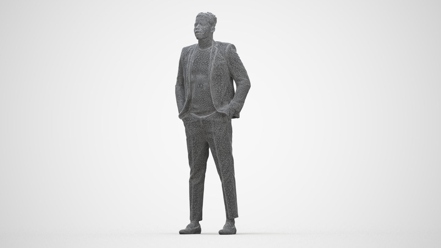 3D human model man casual formalaffairs, photogrammetry scanned person for archviz, wireframe back view