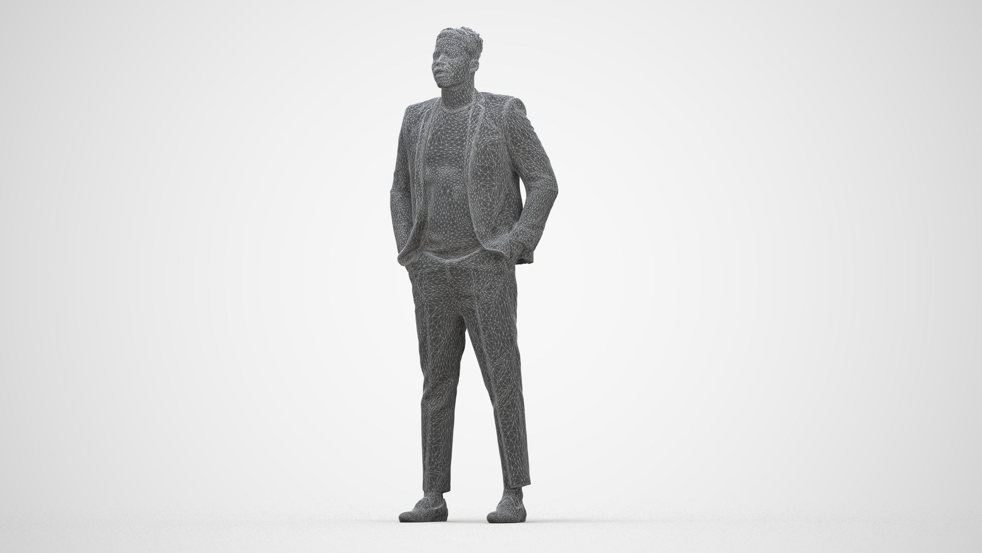 3D human model man casual formalaffairs, photogrammetry scanned person for archviz, wireframe back view