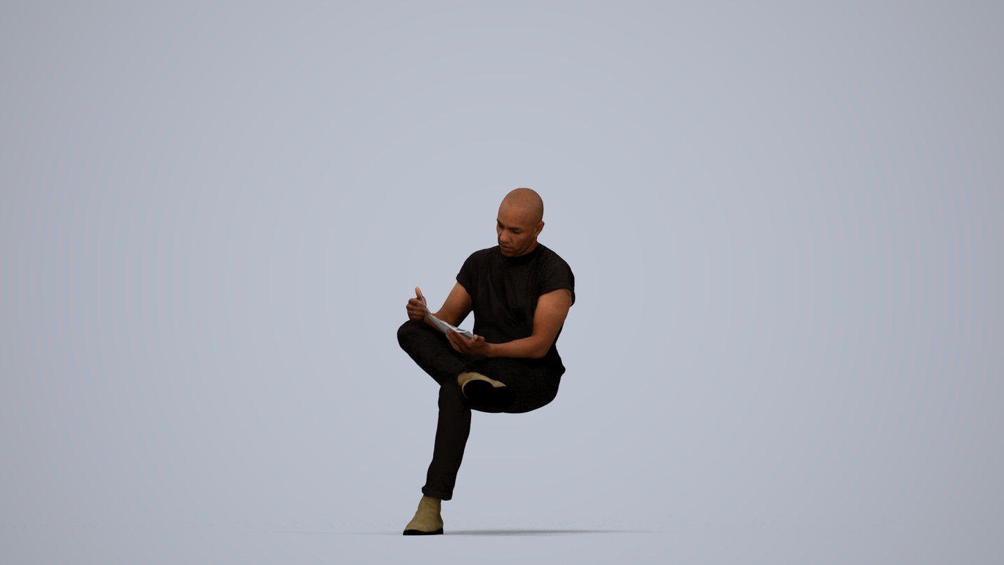 realistic 3D people man casual sitting, render-ready for V-Ray and Corona, FBX OBJ, top-down view render