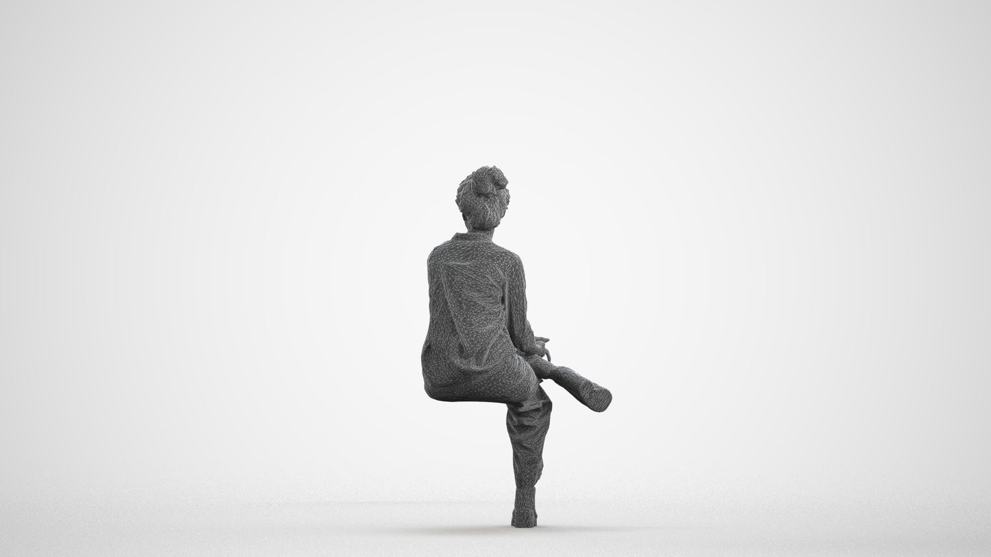 realistic 3D human woman casual sitting, archviz people FBX OBJ for Blender, wireframe front view