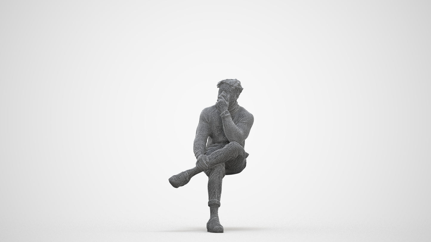 3D people model man casual sitting, scanned human for 3ds Max rendering, three-quarter front view render