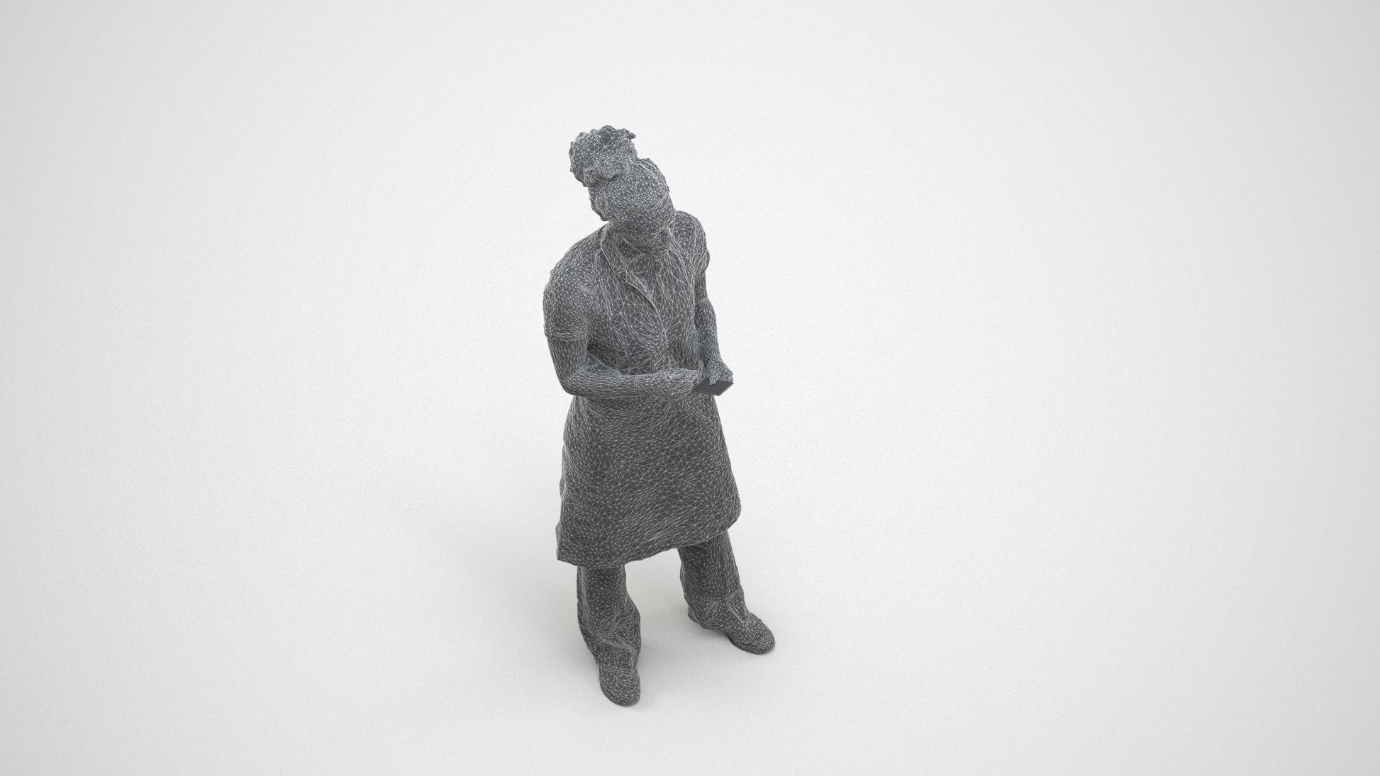 3D scanned woman hospitality, photorealistic archviz people for Enscape and SketchUp, wireframe three-quarter view