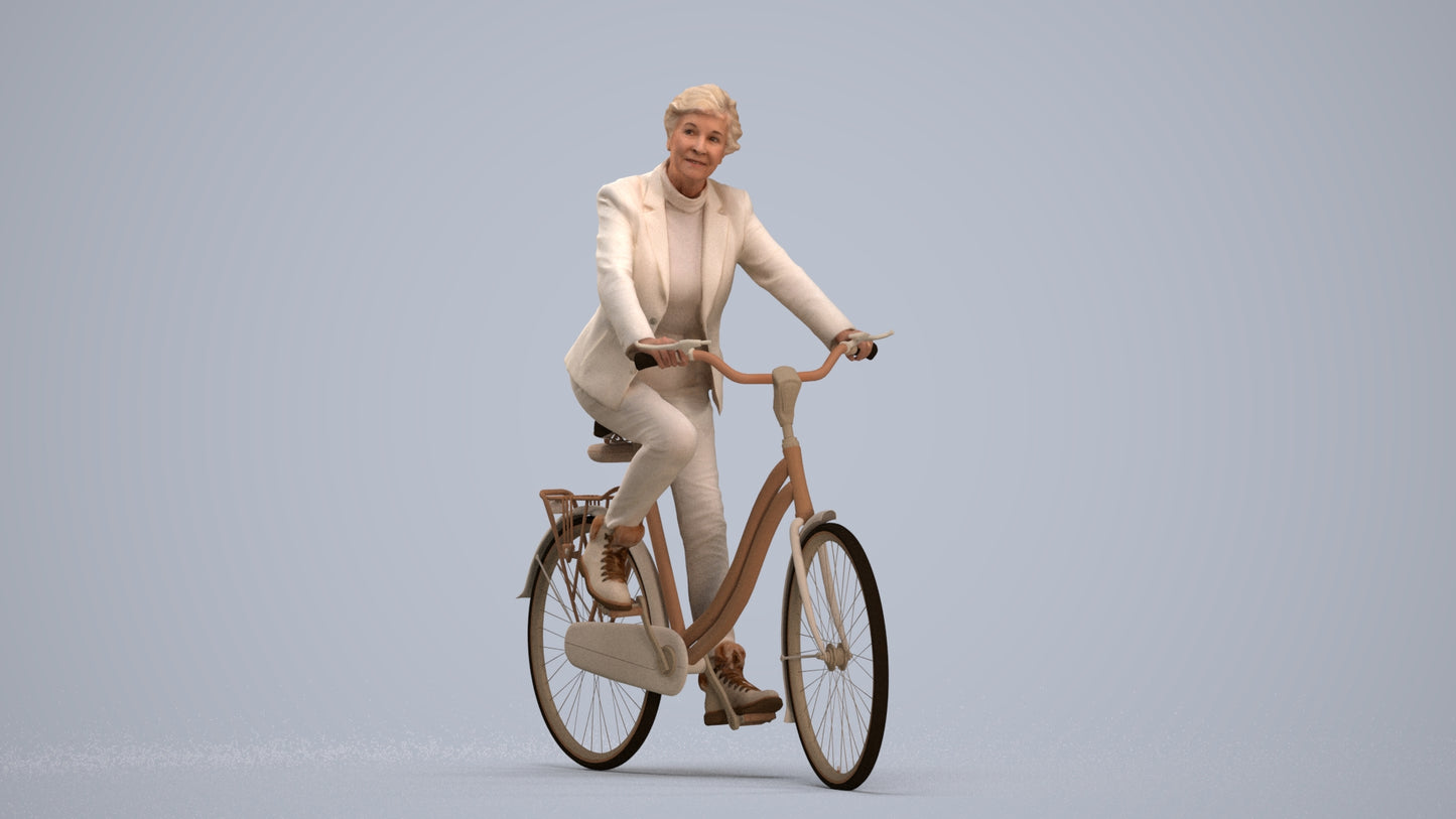 photogrammetry 3D senior woman business cycling, realistic human model archviz FBX, standing pose render