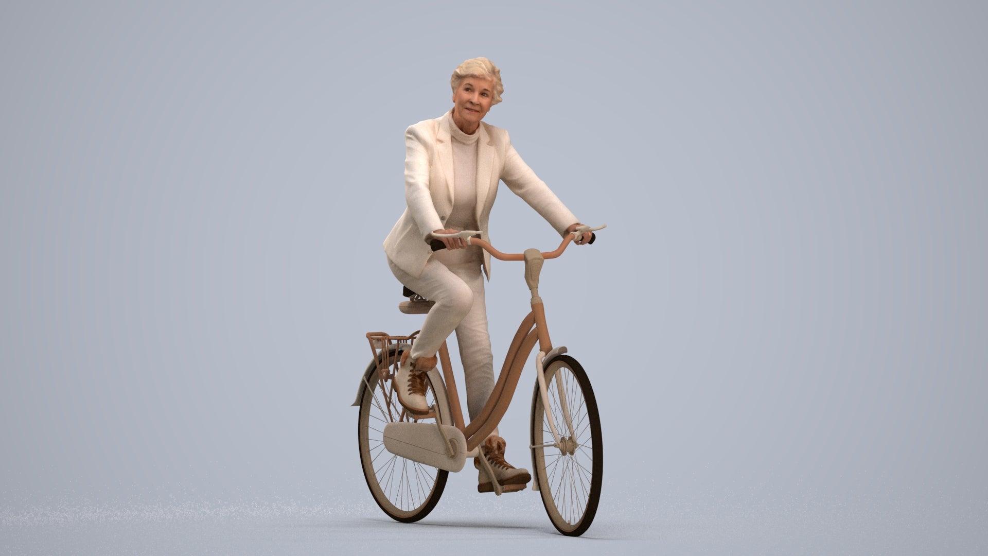 photogrammetry 3D senior woman business cycling, realistic human model archviz FBX, standing pose render
