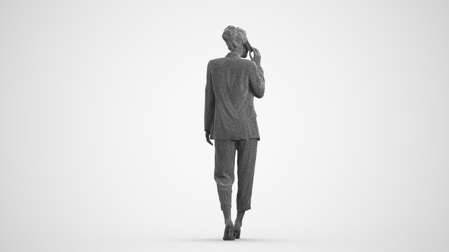 3D human model woman business walking, photogrammetry scanned person for archviz, wireframe front view