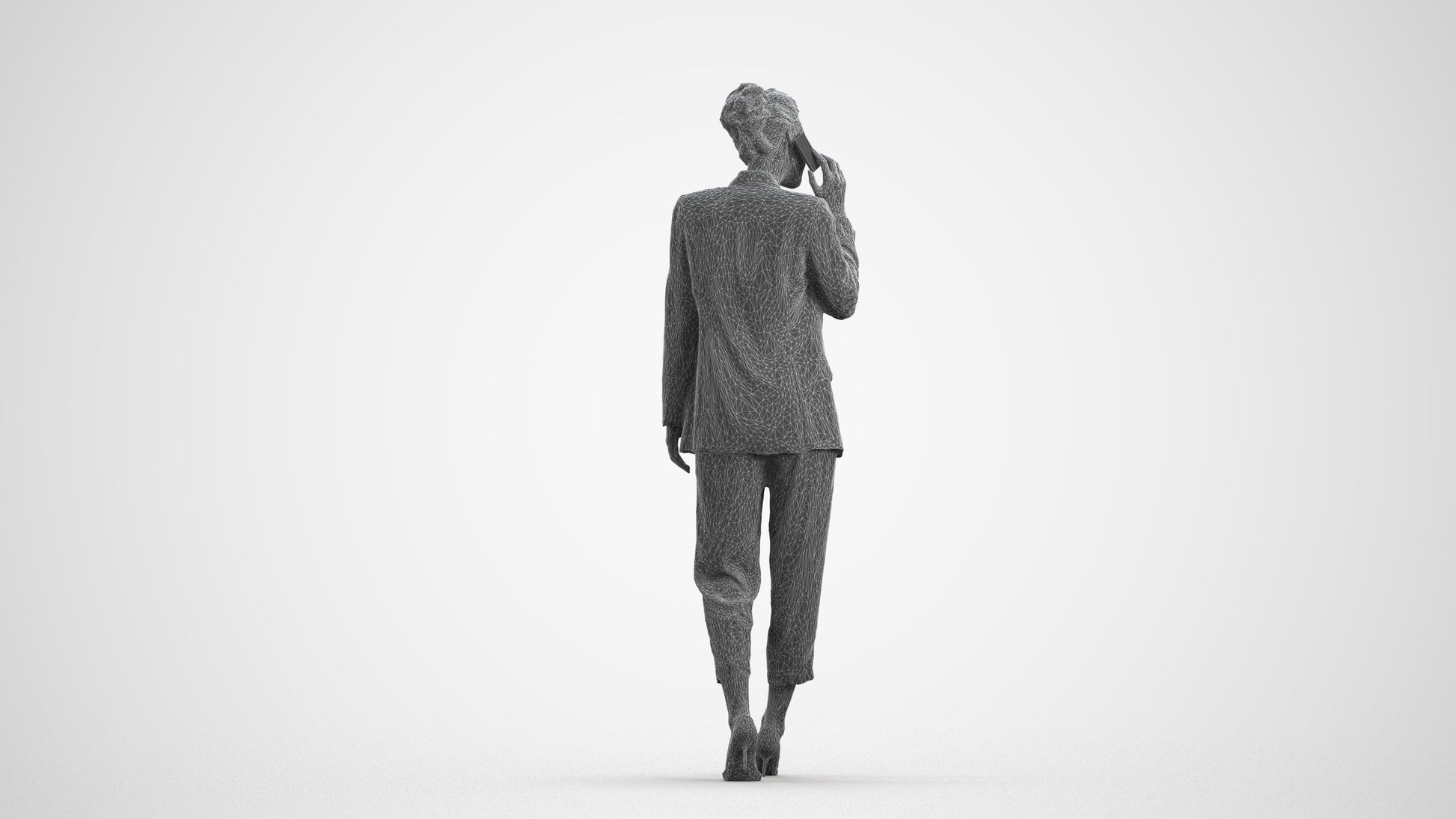3D human model woman business walking, photogrammetry scanned person for archviz, wireframe front view