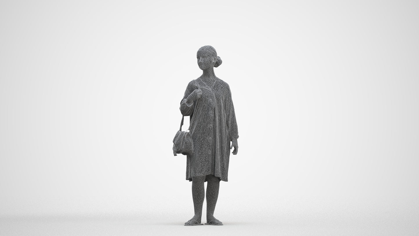 3D human model girl casual kids, photogrammetry scanned person for archviz, three-quarter front view render