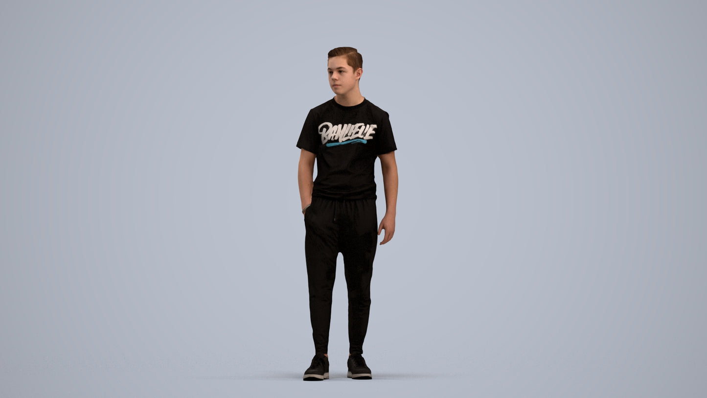 photogrammetry 3D boy casual kids, realistic human model archviz FBX, standing pose render