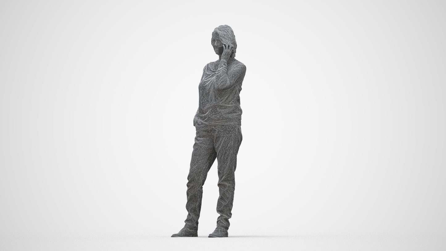 realistic 3D woman casual standing, scanned archviz people for Blender and 3ds Max, wireframe back view