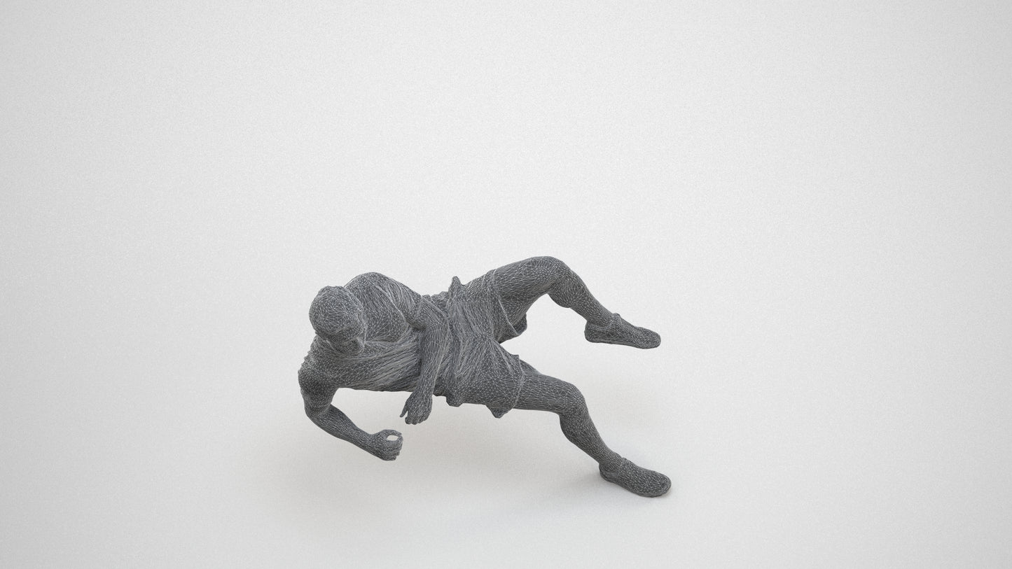 3D human model man casual sitting, photogrammetry scanned person for archviz, wireframe three-quarter view