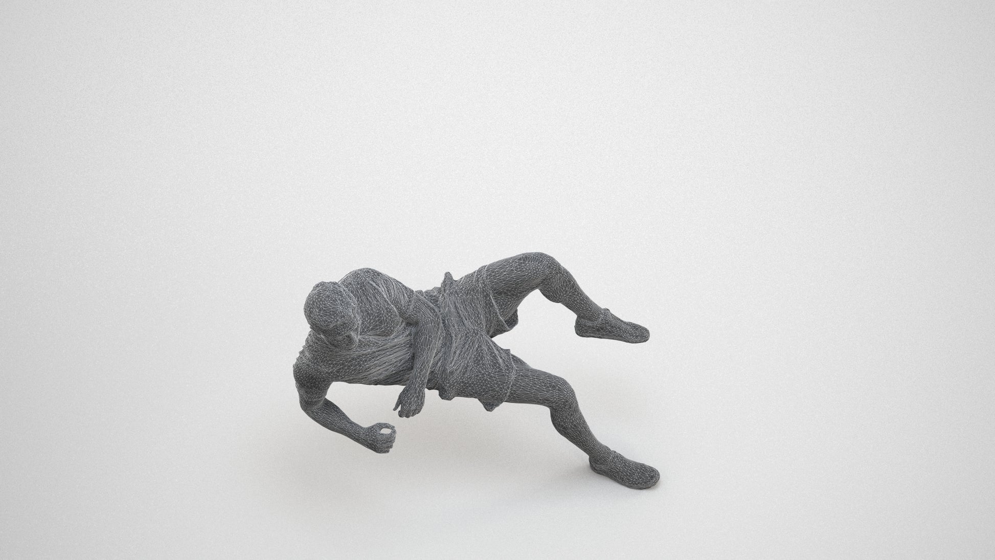 3D human model man casual sitting, photogrammetry scanned person for archviz, wireframe three-quarter view