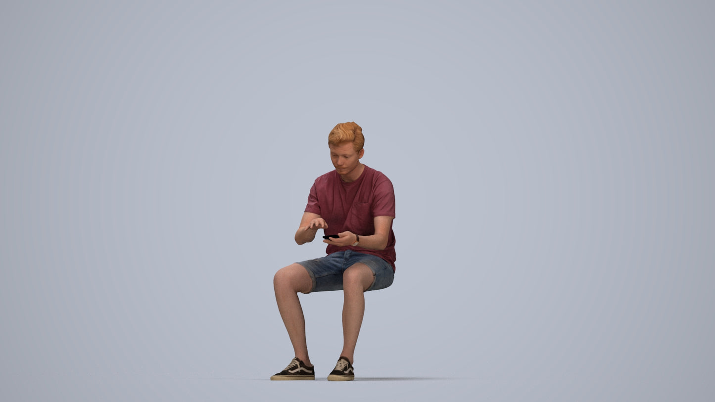 3D human model man casual sitting, photogrammetry scanned person for archviz, top-down view render