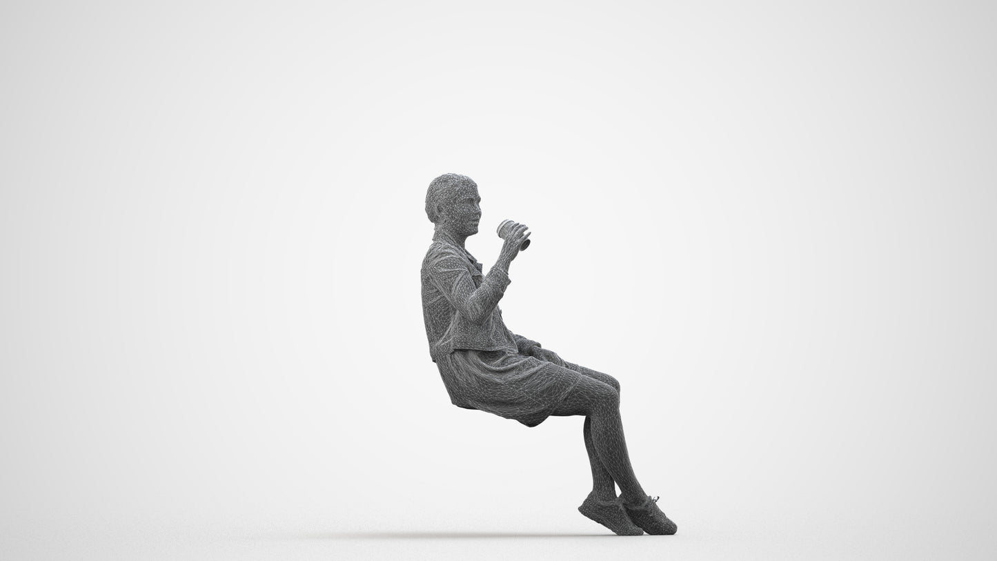 scanned 3D woman casual sitting, photogrammetry people for Enscape and V-Ray, wireframe side view