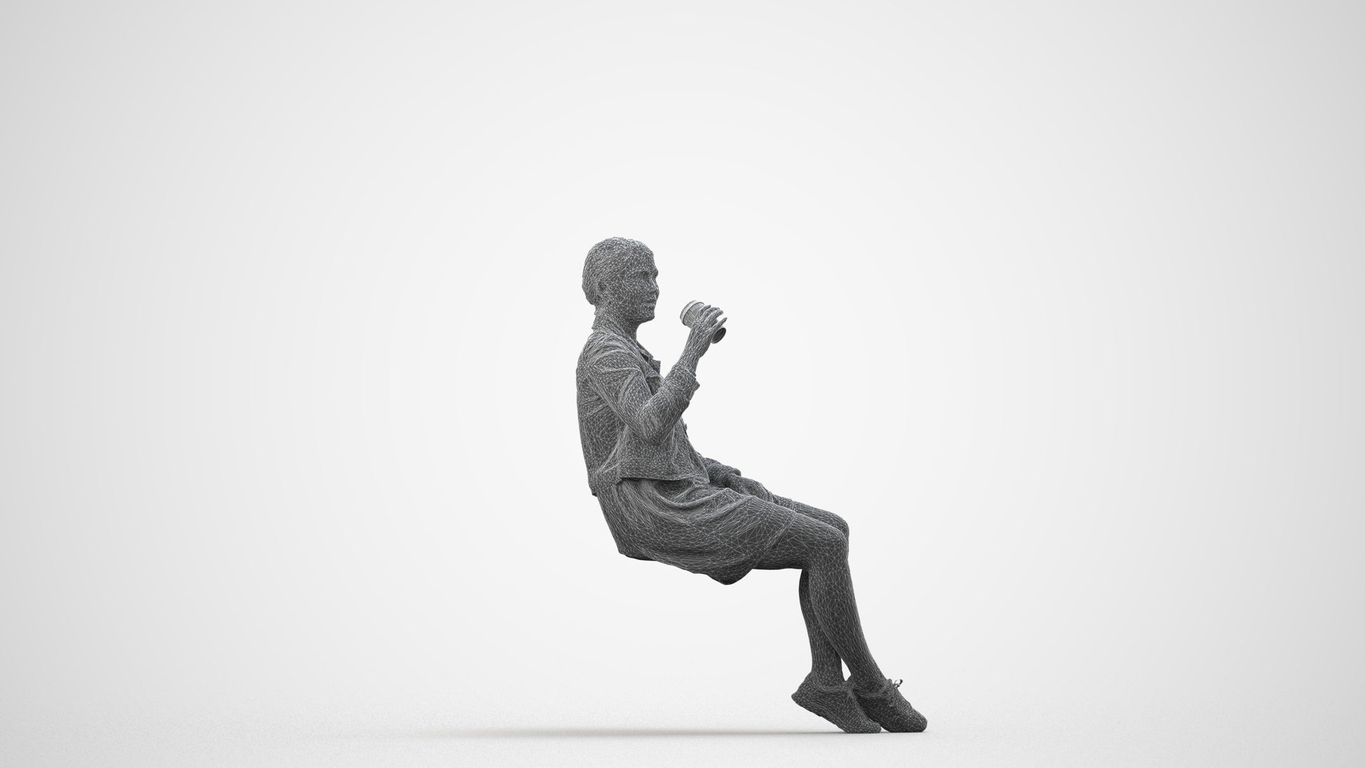 scanned 3D woman casual sitting, photogrammetry people for Enscape and V-Ray, wireframe side view