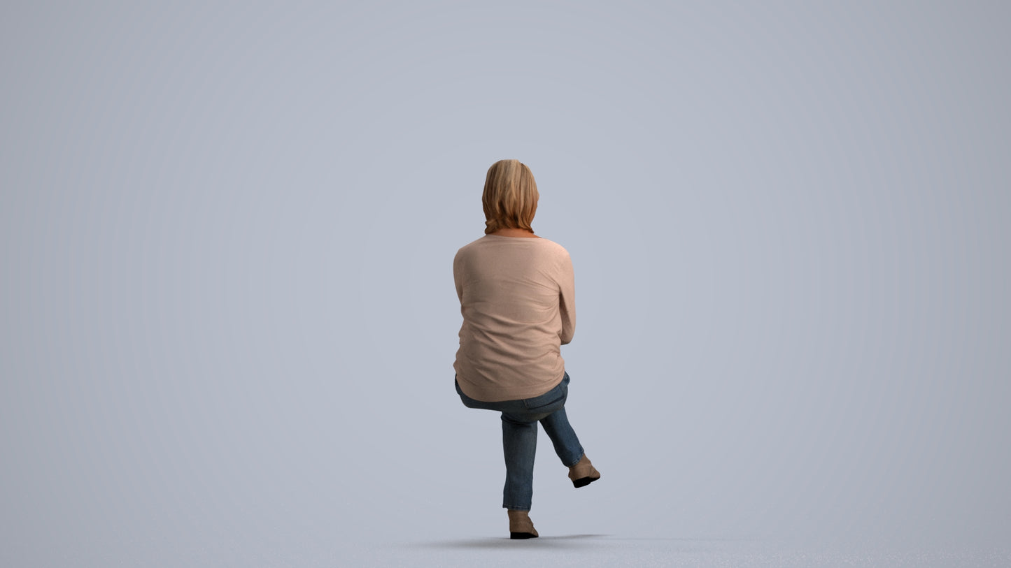 scanned 3D woman casual sitting, photogrammetry people for Enscape and V-Ray, front view render
