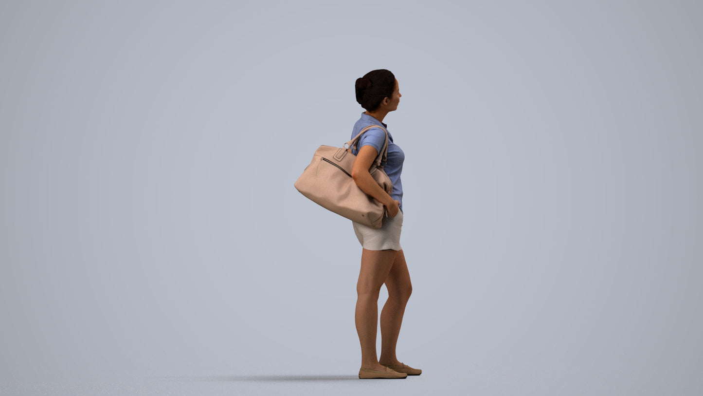 3D scanned woman standing casual, photorealistic archviz people for Enscape and SketchUp, side view render