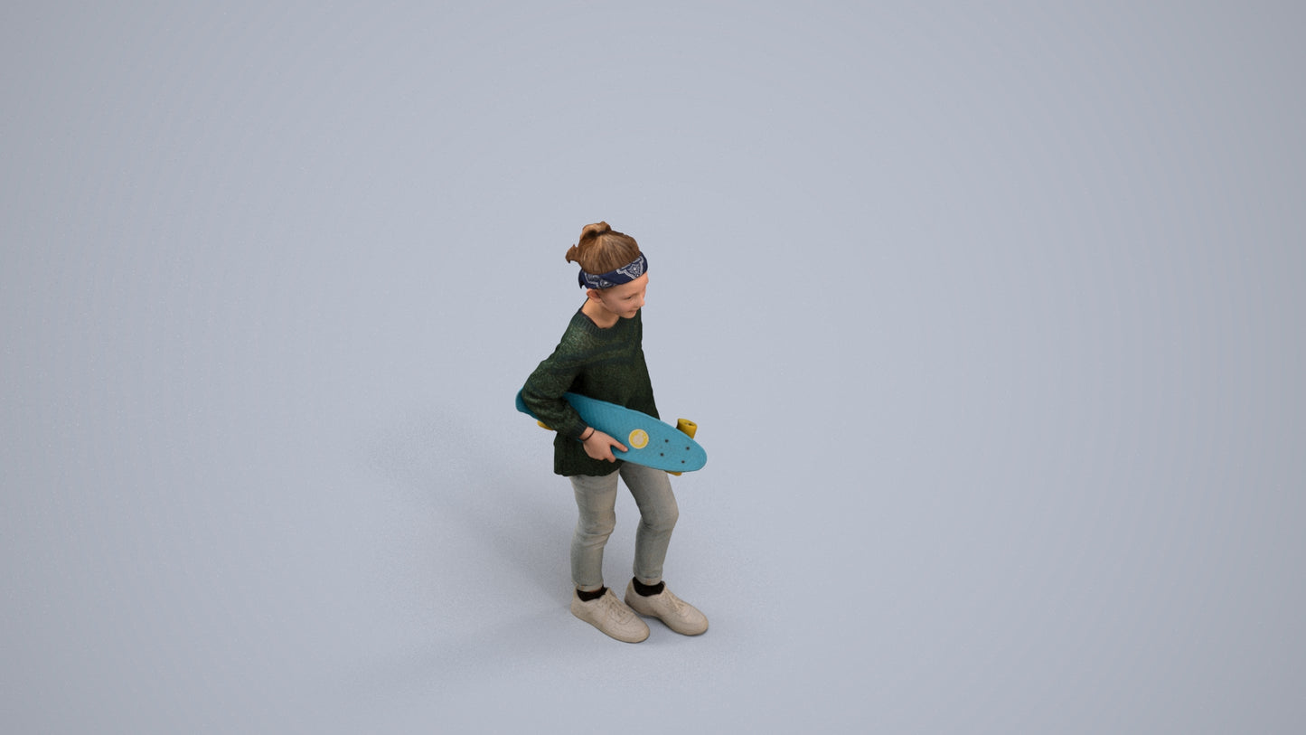 realistic 3D girl casual kids, scanned archviz people for Blender and 3ds Max, back view render