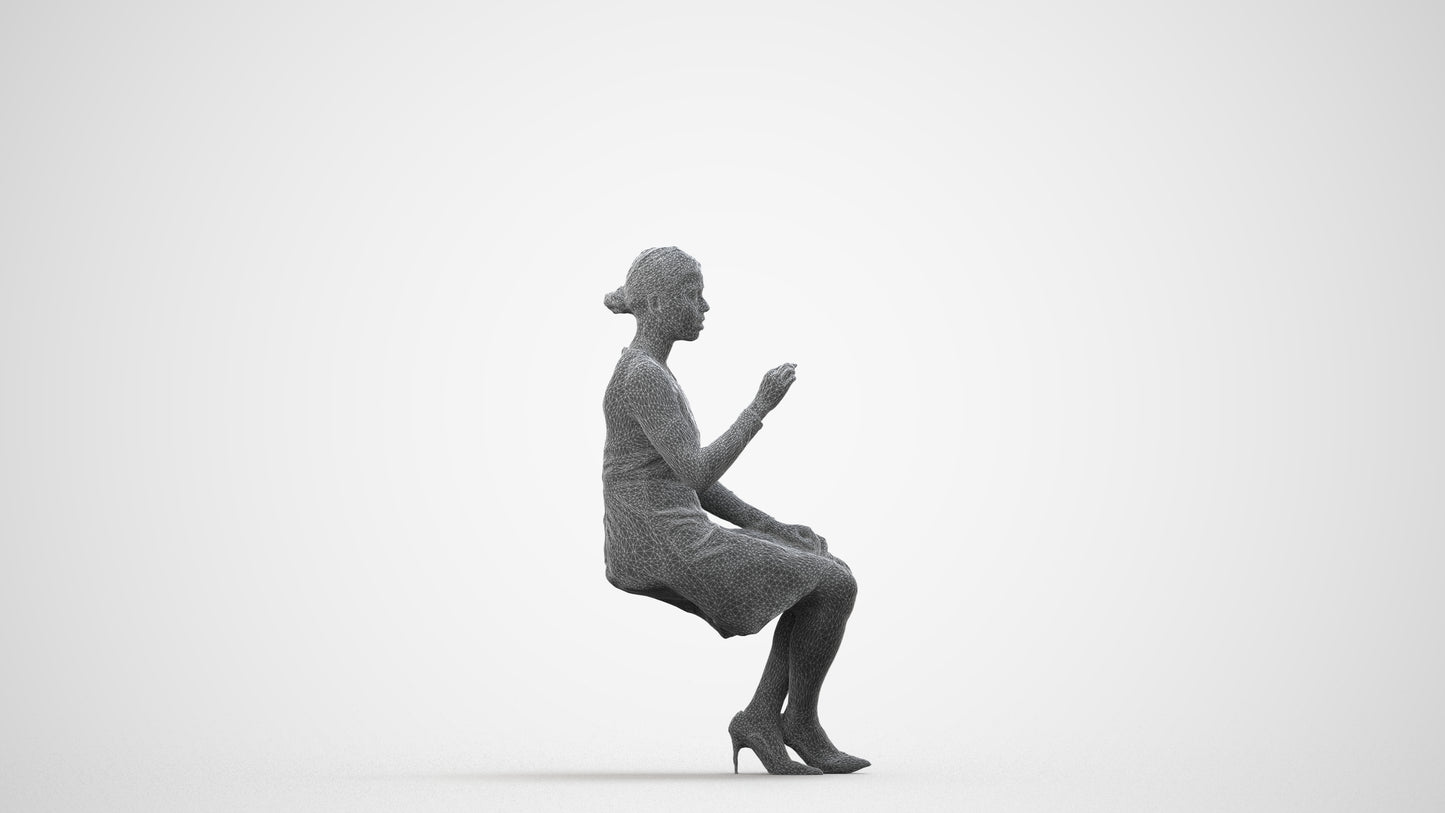 realistic 3D human woman business sitting, archviz people FBX OBJ for Blender, wireframe side view