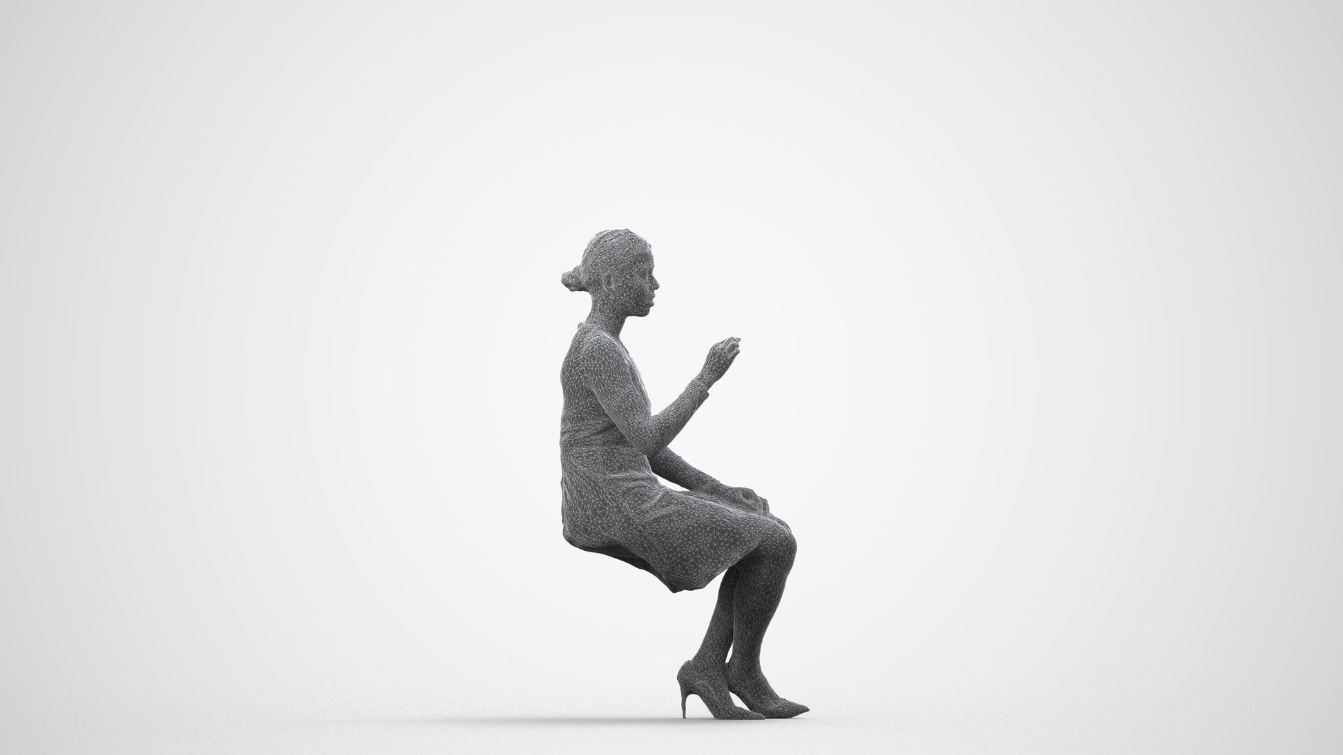 realistic 3D human woman business sitting, archviz people FBX OBJ for Blender, wireframe side view