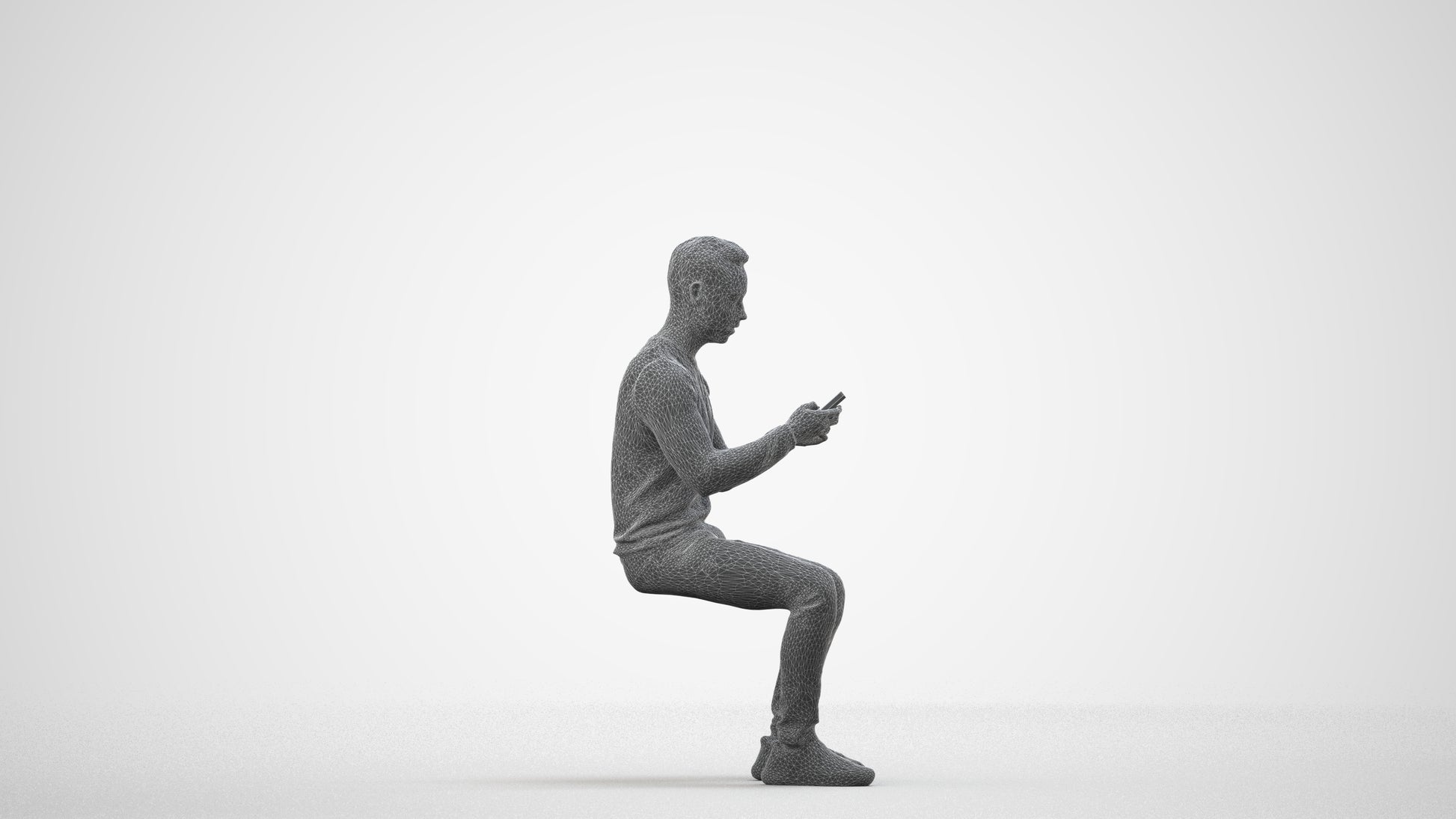 photogrammetry 3D man casual sitting, realistic human model archviz FBX, wireframe side view
