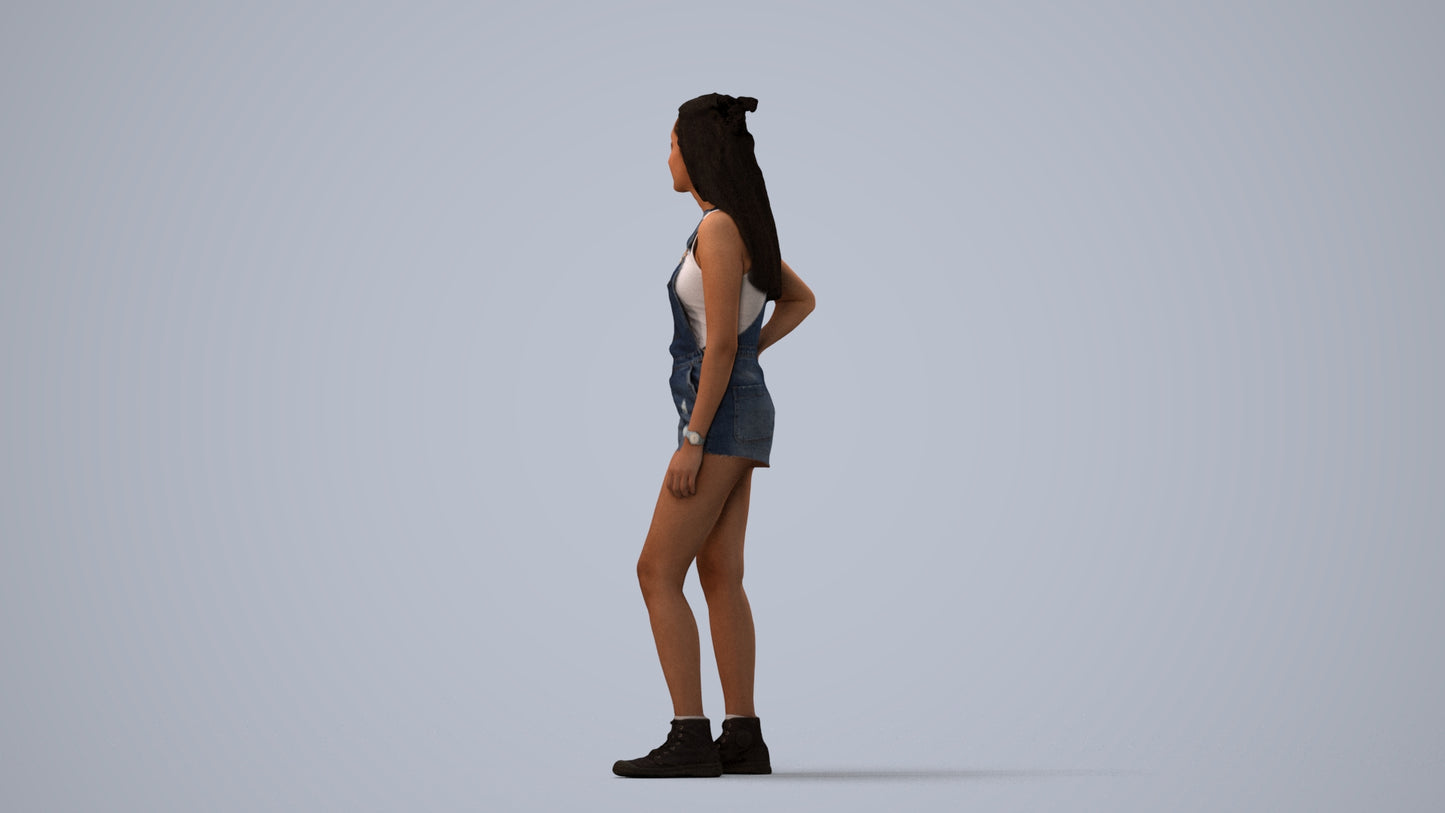 3D human model woman casual standing, photogrammetry scanned person for archviz, three-quarter view render