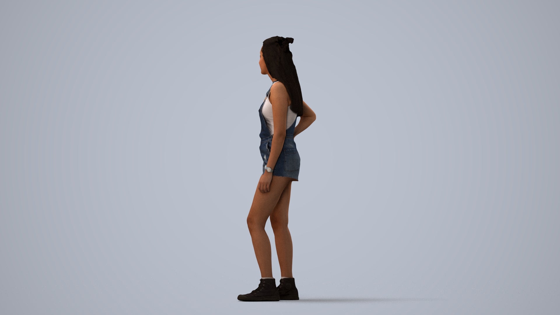 3D human model woman casual standing, photogrammetry scanned person for archviz, three-quarter view render